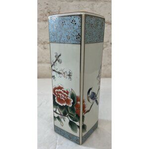 Hand-Painted Japanese Ceramic 9.5" Vase Gold Trim & Blue Bird Floral Design